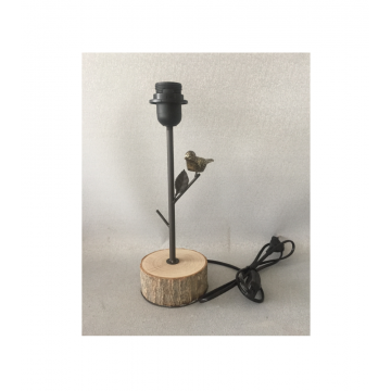 Lampe de table avec socle rond en bois, décorée par un petit oiseau