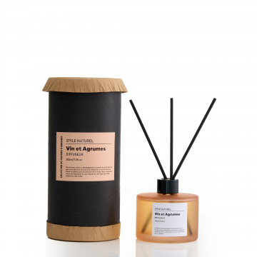 Diffuseur 200ml, flacon en verre fumé, 7 bâtonnets de roseau, dans une boîte faite main - Vin et Agr