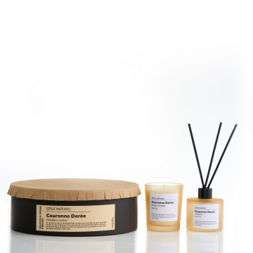 Pack comprenant une bougie parfumée dans un contenant en verre fumé (5.6*6.7 cm), un diffuseur 50ml 