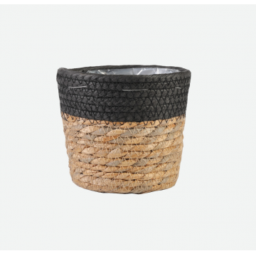 Cache-pot TIMEA en jonc de mer, noir et nature, D13,5 x H12,5