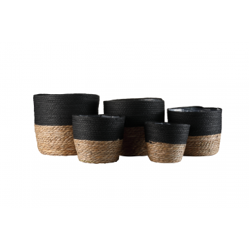 Cache-pot ARANA en jonc de mer, noir et nature, D24 x H23