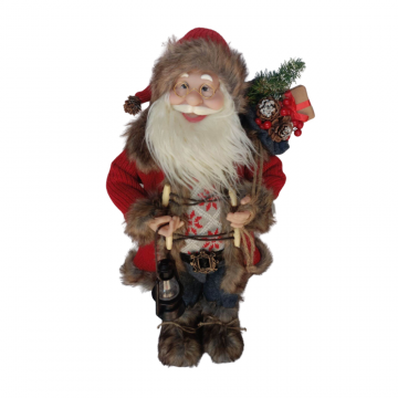 Père Noël rouge et brun avec lanterne, hauteur 60cm