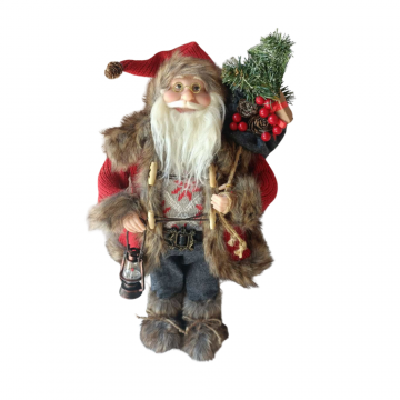 Père Noël rouge et brun avec lanterne, hauteur 45cm