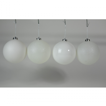 Boules de Noël en plastique, blanc, D12cm, set de 4 pièces