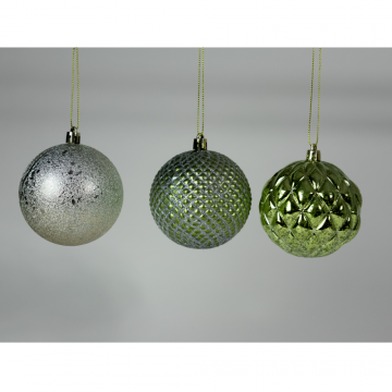 Boules de Noël en plastique décorées, vert, D8cm, set de 3 pièces