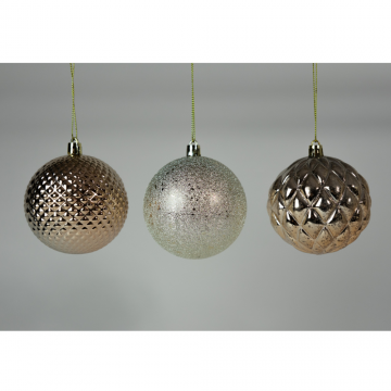 Boules de Noël en plastique décorées, bronze, D8cm, set de 3 pièces