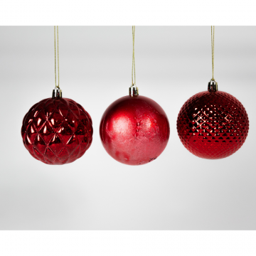 Boules de Noël en plastique décorées, rouge, D8cm, set de 3 pièces