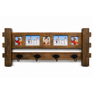 Porte manteau mural en bois 4 crochets et espace photos