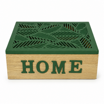 Boîte de rangement beige et verte avec 6 compartiments, motif "Home"