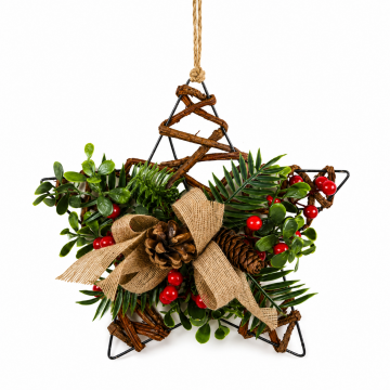 Etoile à suspendre avec branche de sapin artificiel et pives, D30cm 