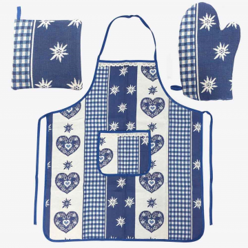 Set 3 pièces en tissu bleu. Contient un tablier 72 x 82 cm, un tapis anti-échaudage 19 x 19 cm, un g