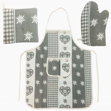 Set 3 pièces en tissu gris. Contient un tablier 72 x 82 cm, un tapis anti-échaudage 19 x 19 cm, un g