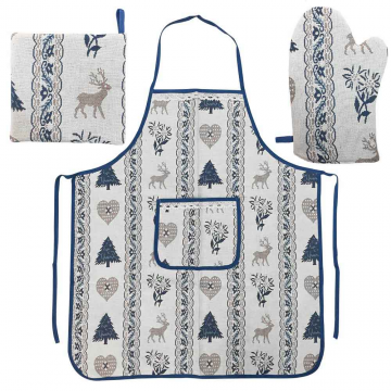 Set 3 pièces en tissu bleu et gris. Contient un tablier 72 x 82 cm, un tapis anti-échaudage 19 x 19 