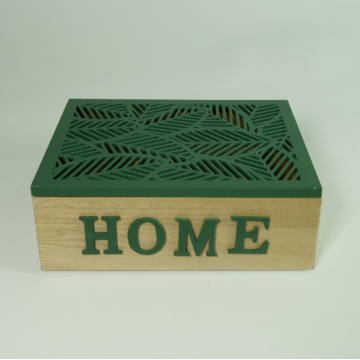 Boîte de rangement beige et verte avec 6 compartiments, motif "Home"