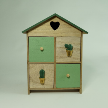 Boite beige et vert avec 4 tiroirs, motif cactus